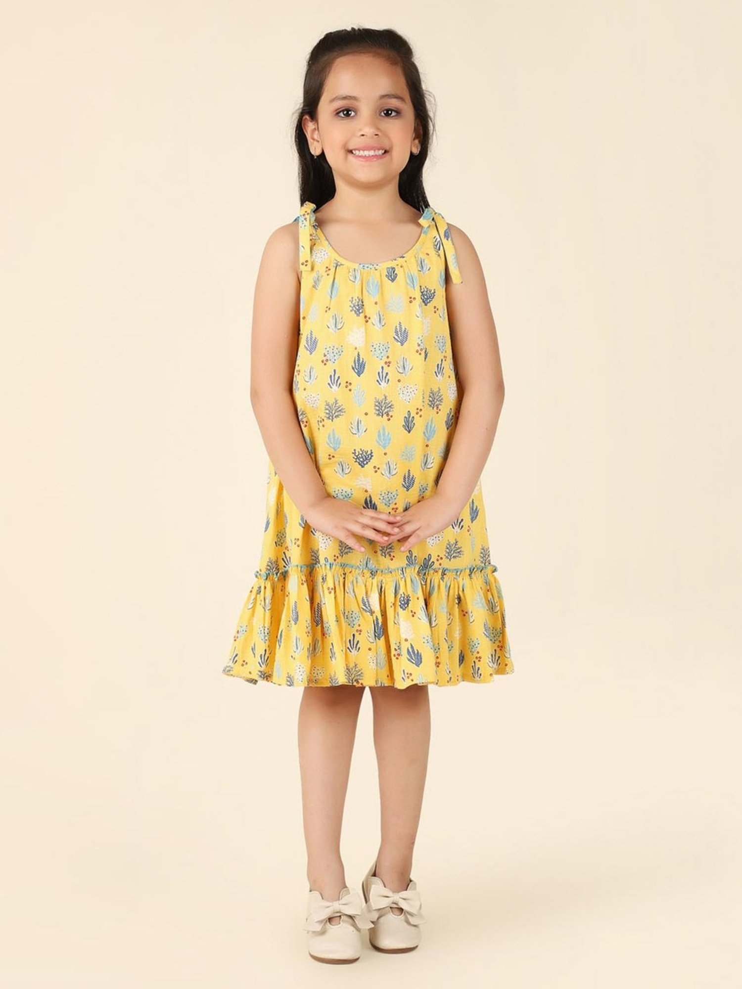 Fabindia Kids Yellow Cotton Printed Dress