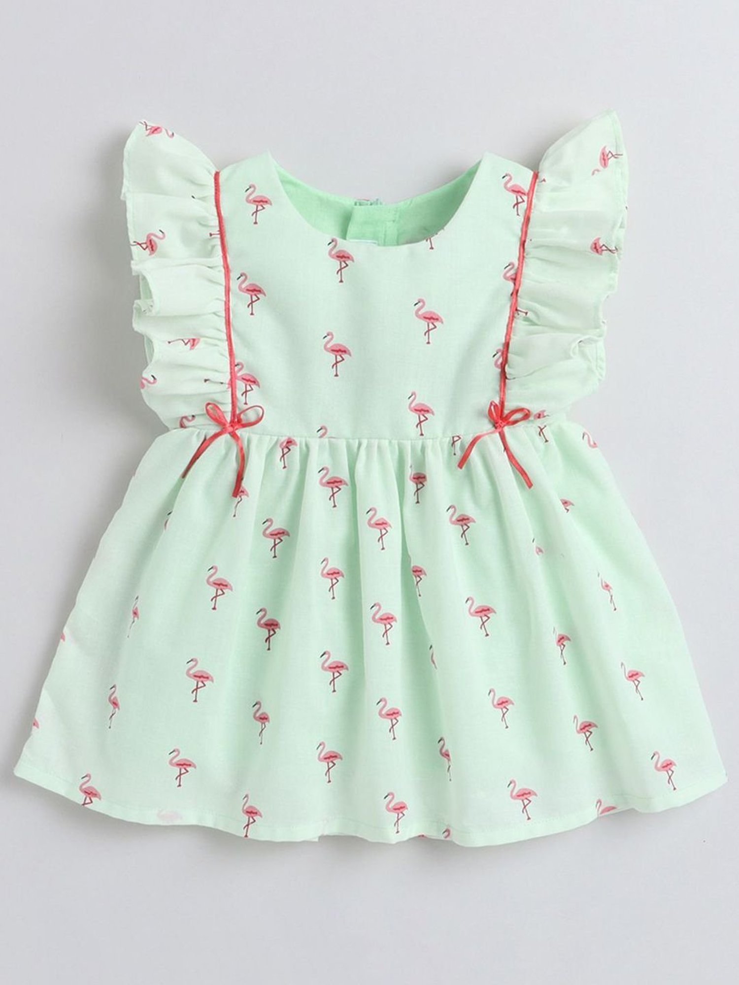 Many Frocks Kids Green Cotton Flamingo Print Dress