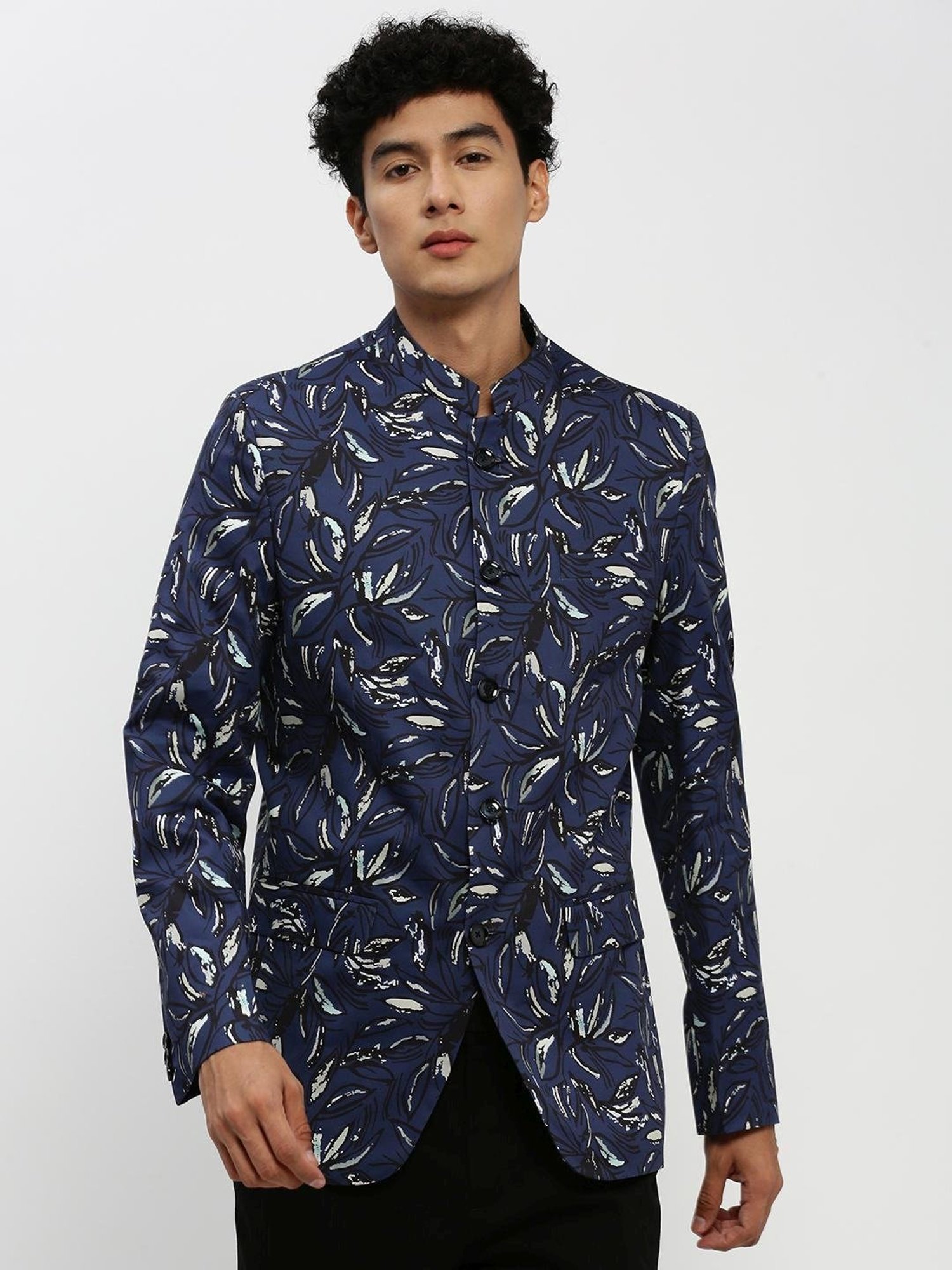 SHOWOFF Navy Blue Slim Fit Printed Blazer