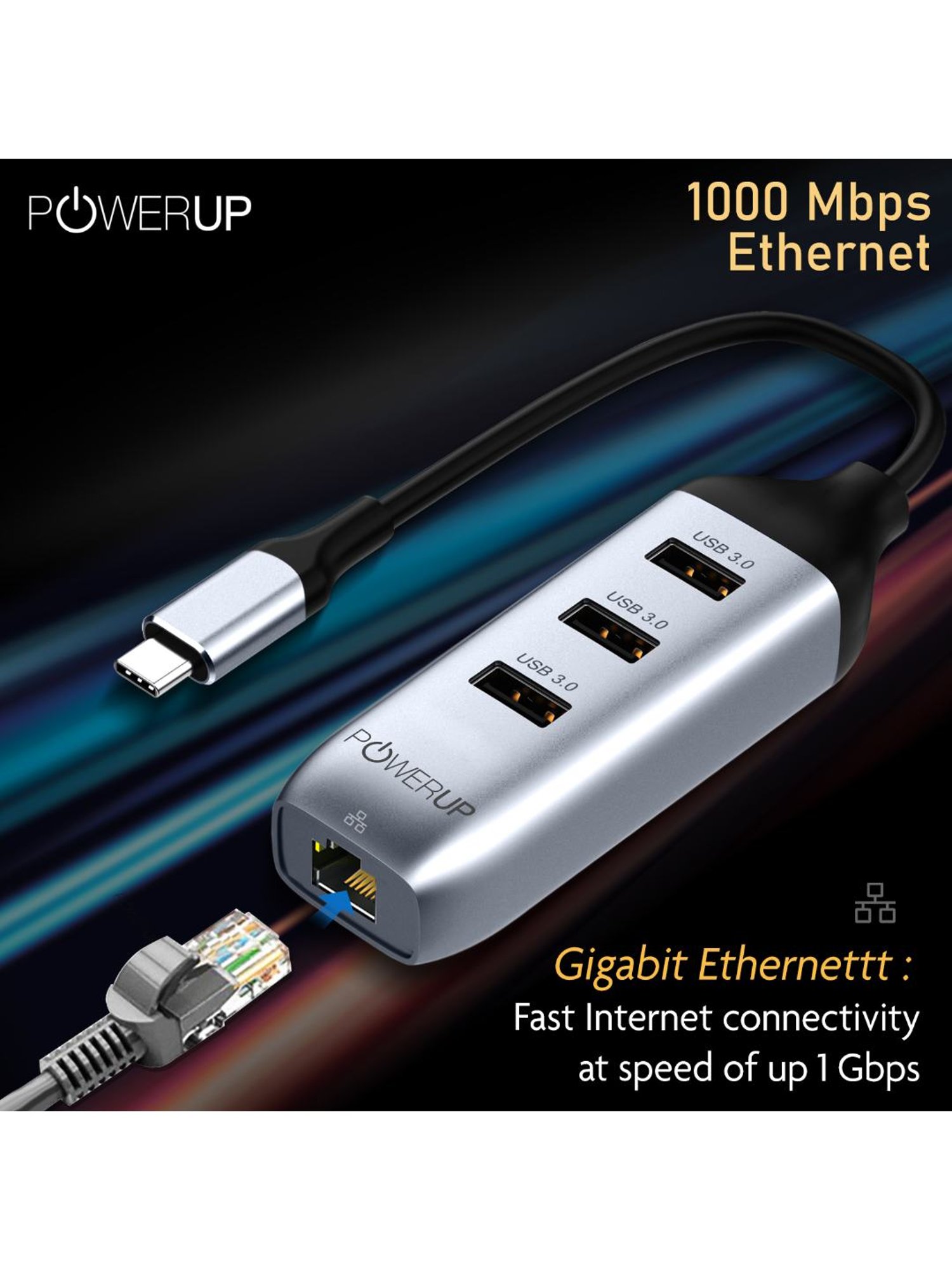 Powerup Mini Splitter USB C HUB 4 in 1 (3 USB C to Ethernet Adapter) (Gunmetal)