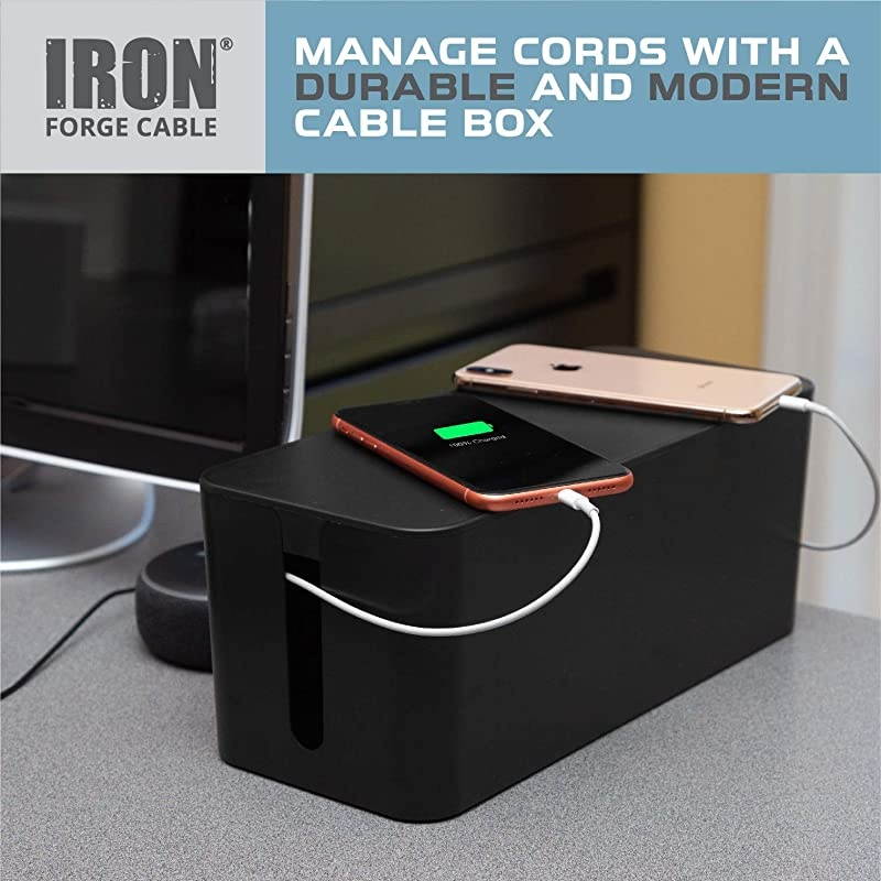 Cable Management Box Black Cord Organizer and Hider for Wires Power Strips Surge Protectors amp More Includes Cable Sleeve Hook and Loop Keepers Zip Ties amp Clips