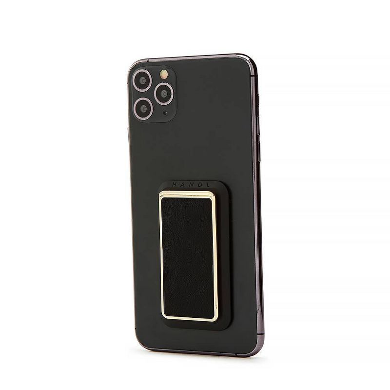 HANDLstick Phone Grip Smooth Leather Gold Trim - Black