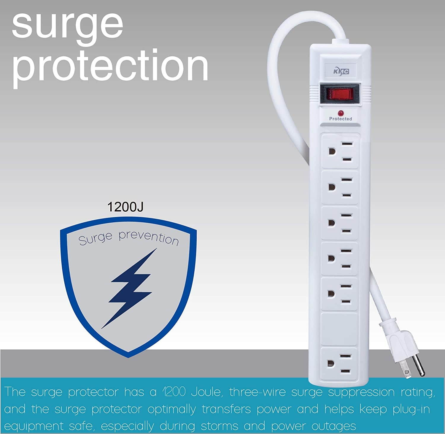 KMC 6-Outlet Surge Protector Power Strip with 6 Feet Cord, 1200 Joule 2- Pack, Overload Protection, White