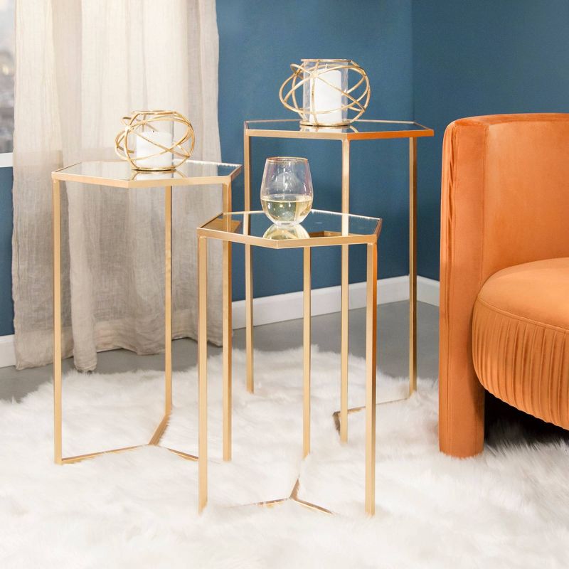 3pc 28"/25"/22" Metal/Mirror Hexagonal Accent Tables Gold - Sagebrook Home