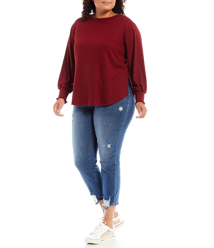 Jessica Simpson Plus Size Veera Smocked Cuff Round Neck Long Blouson Sleeve Top