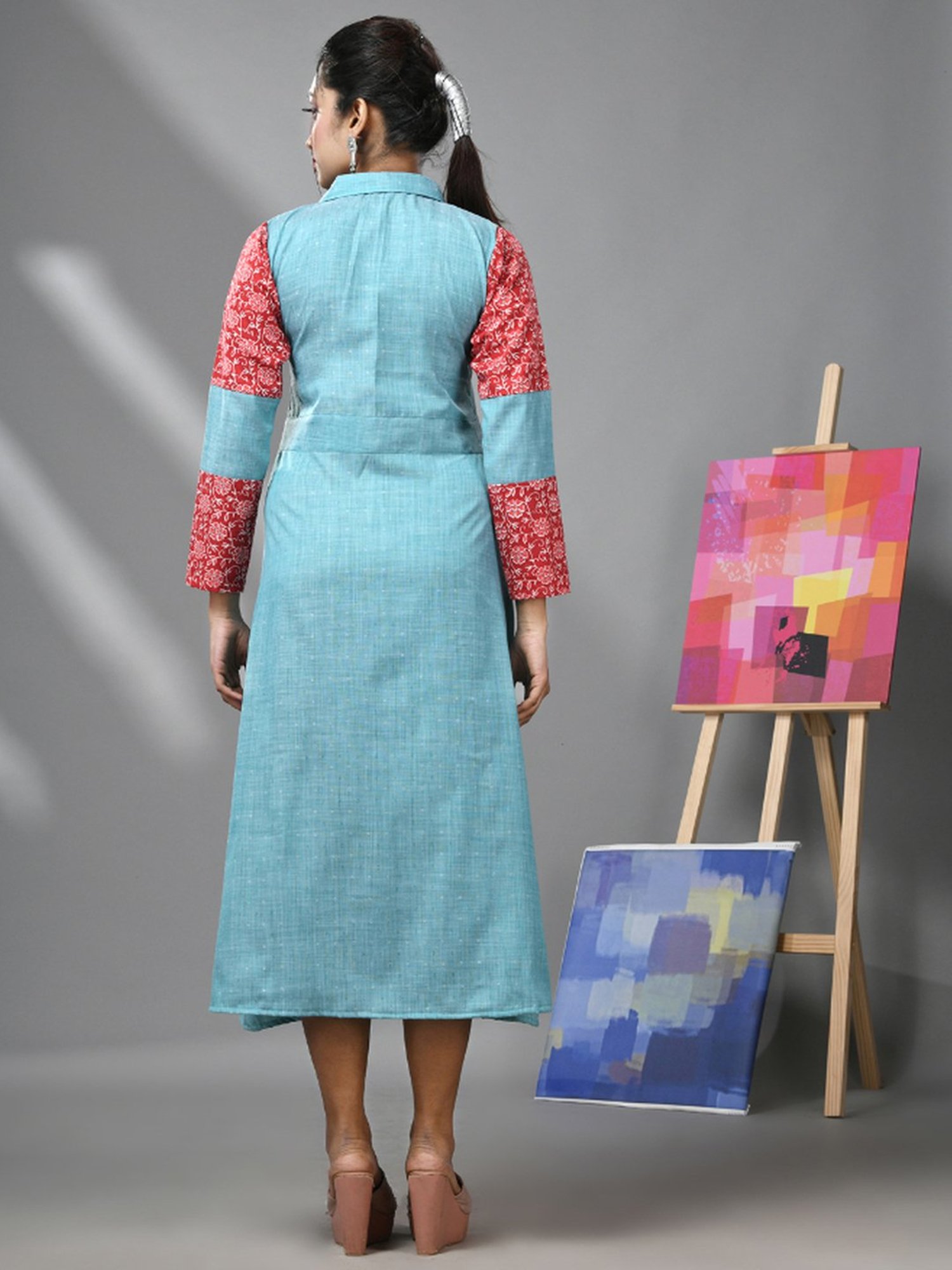CHARUKRITI Sky Blue Cotton Printed A-Line Dress