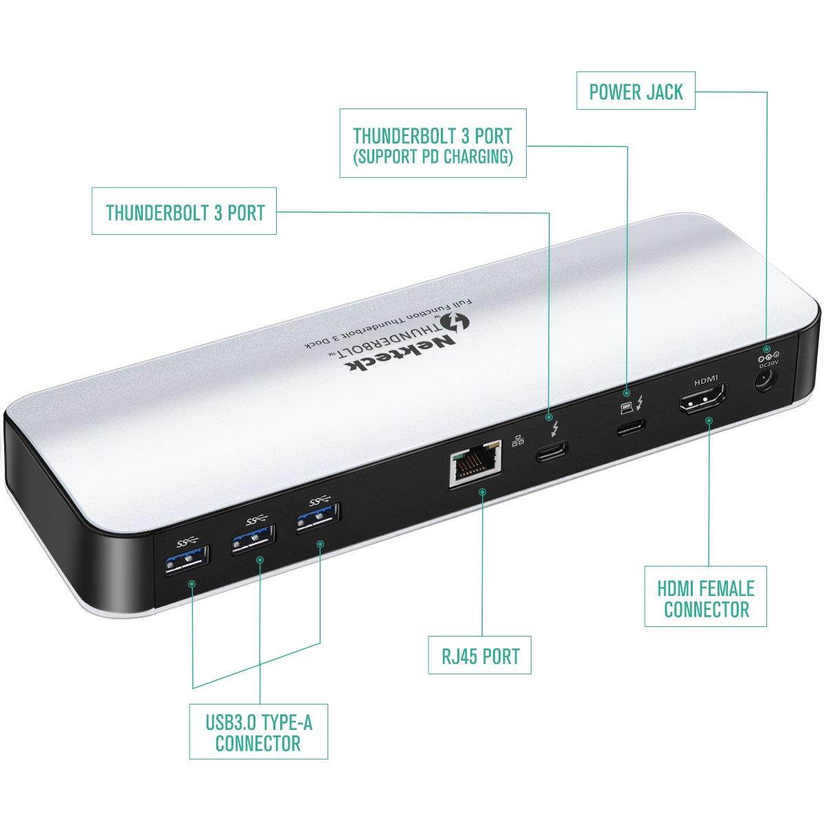 [Thunderbolt Certified] Nekteck Thunderbolt 3 PD Docking Station, Supports 4K HD Display, 60W Power Delivery, 4K HDMI2.0@60Hz, 5 USB 3.0 ports, for MackBook Pro Late 2016/2017 & Specific Windows/macOS