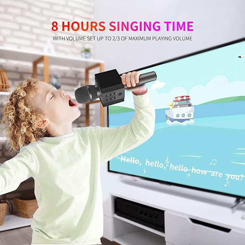 008 Wireless Bluetooth Karaoke Microphone,Louder Volume 10W Power, More Bass, 3-in-1 Portable Handheld Double Speaker Mic Machine for iPhone/Android/iPad/PC (Black)