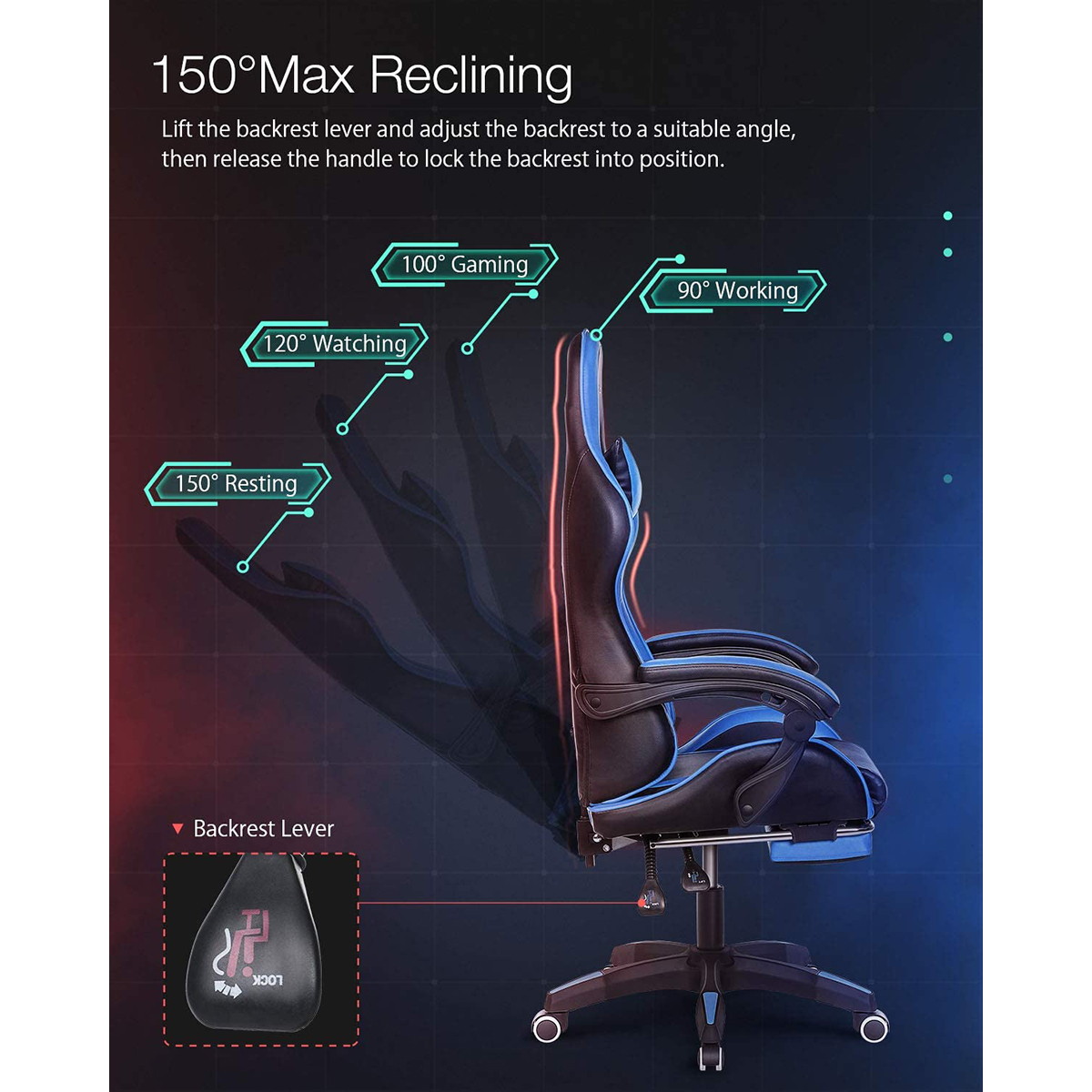 Gaming Office Ergonomic Computer Chair 150&deg;Reclining With Footrest