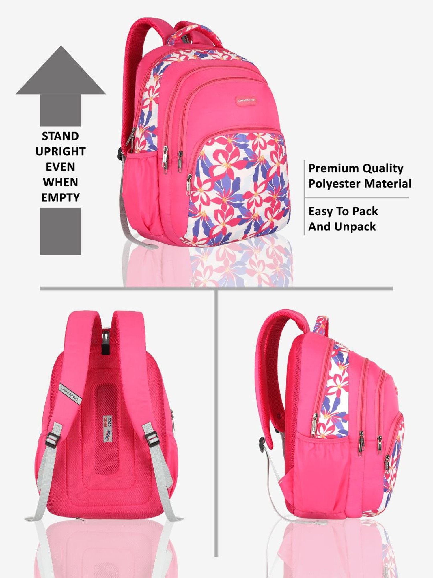 Lavie Sport Daylilies 39L Printed School Backpack with Rain cover for Girls (Magenta)