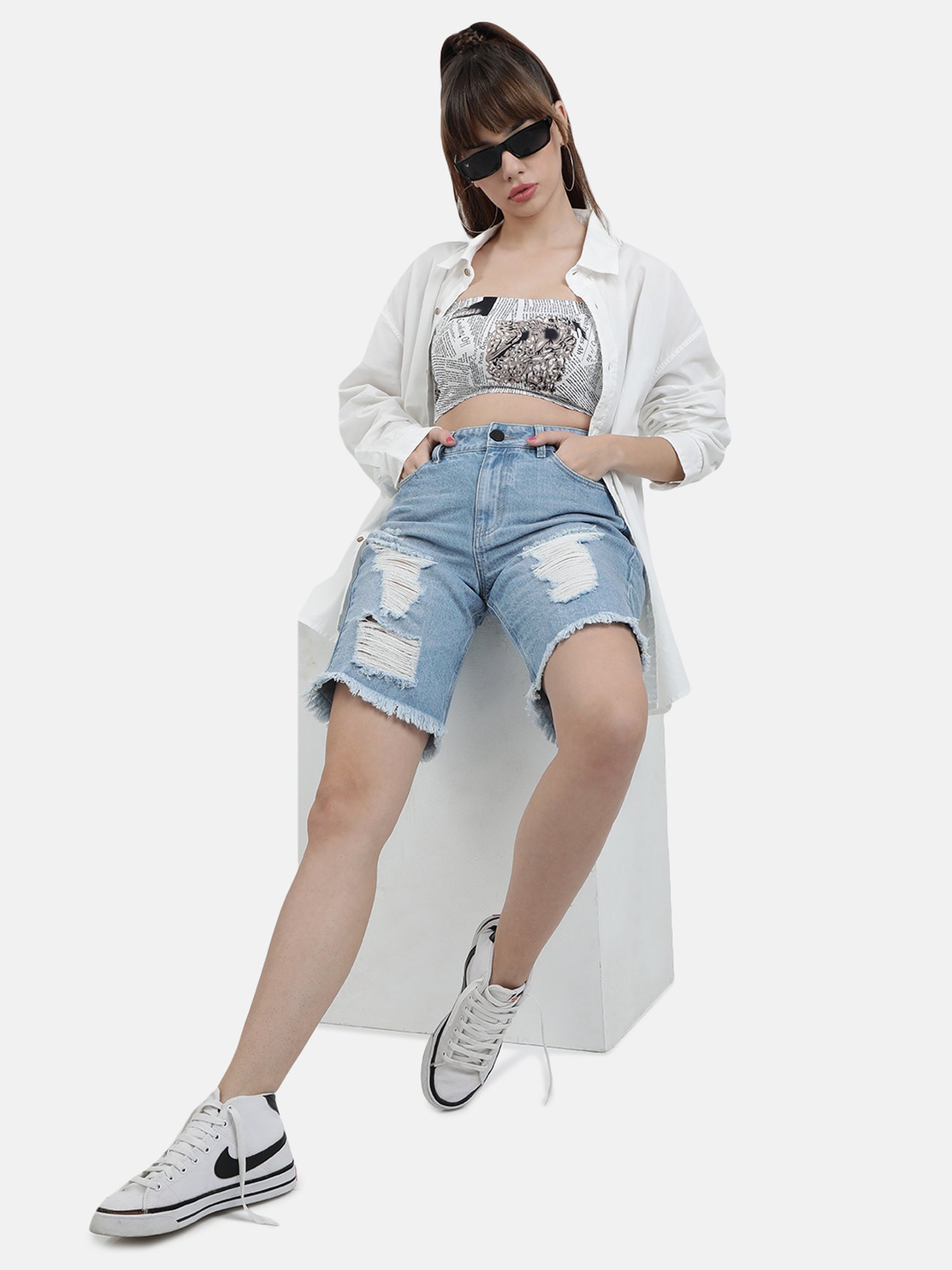 Bene Kleed Blue Slim Fit High Rise Shorts