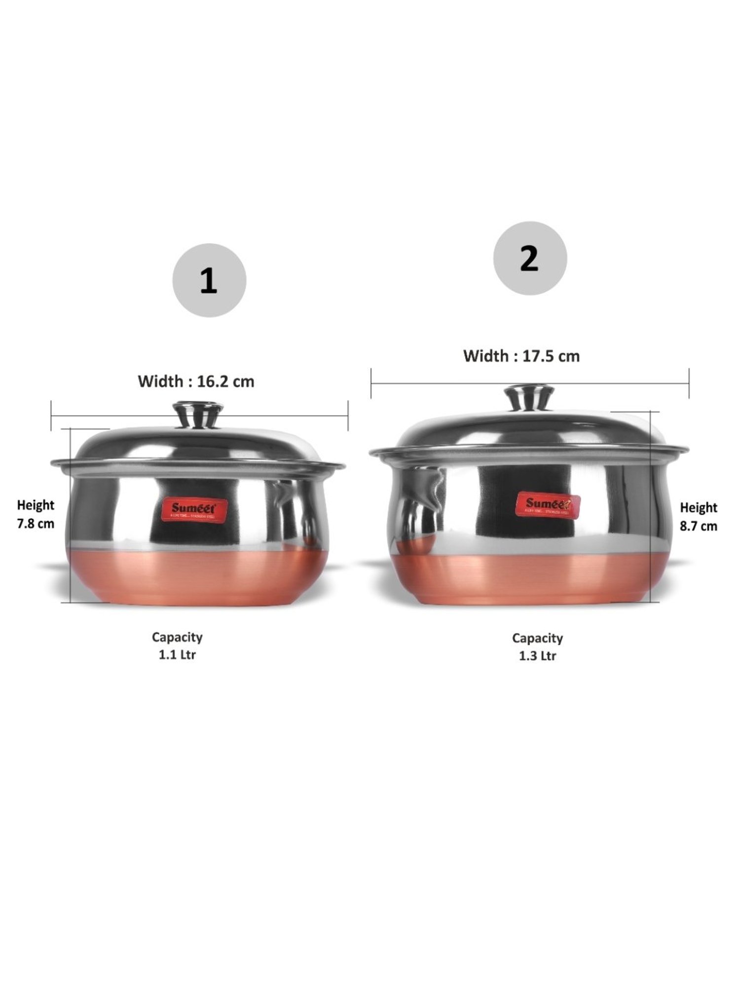 Sumeet S.S. Copper Bottom Multipurpose Cook & Serve Handi With Lid-2 Pcs Set (1.1 Ltr, 1.3 Ltr)