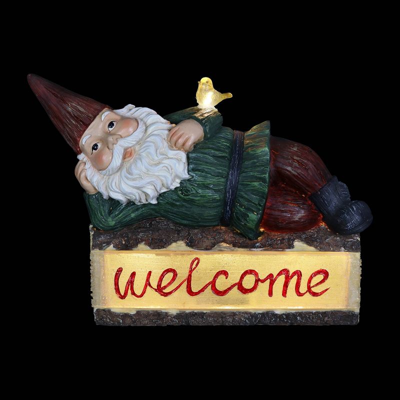 14" Solar Gnome On Welcome Log Resin Statue Green - Exhart