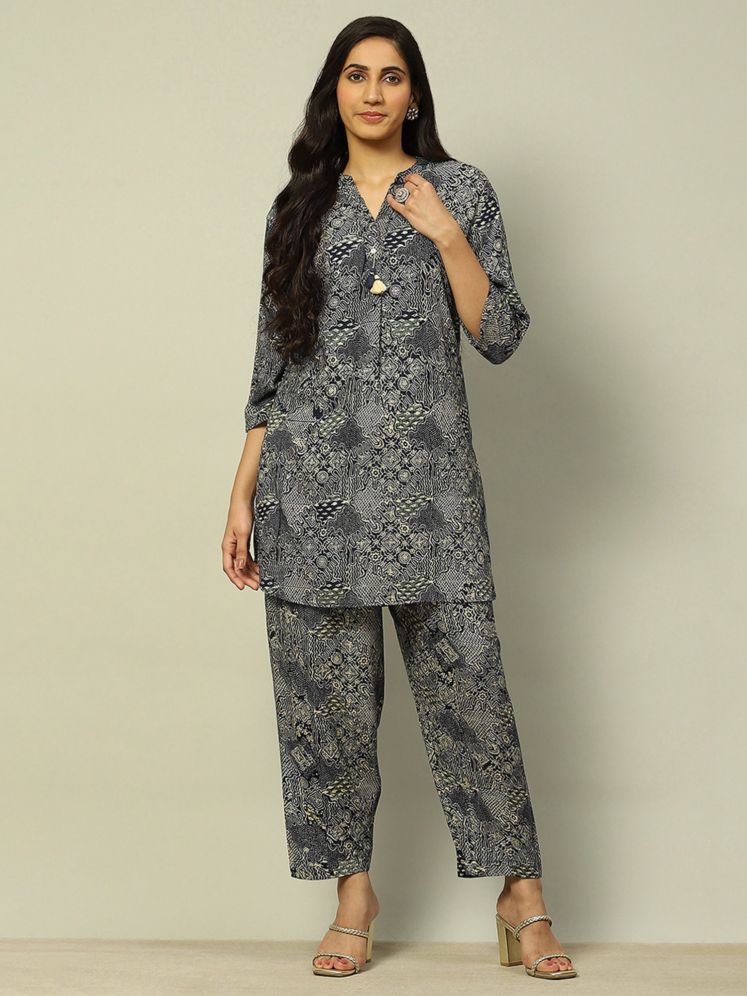 Rangriti Navy Printed Kurta Pant Set
