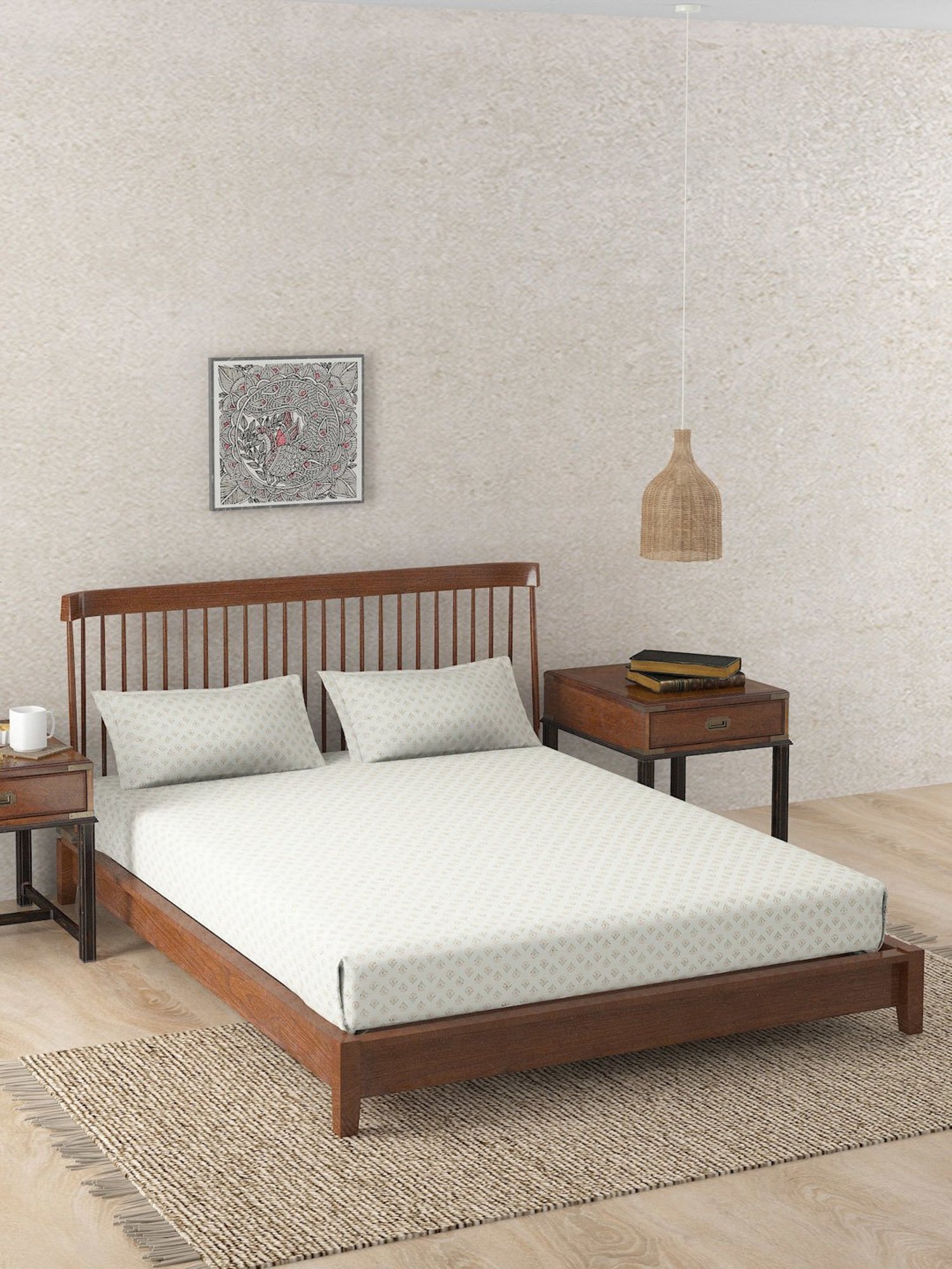 Fabindia Home Mihira Printed Teal 180 TC Cotton Single Size Bed Sheet with 2 Pillow Covers