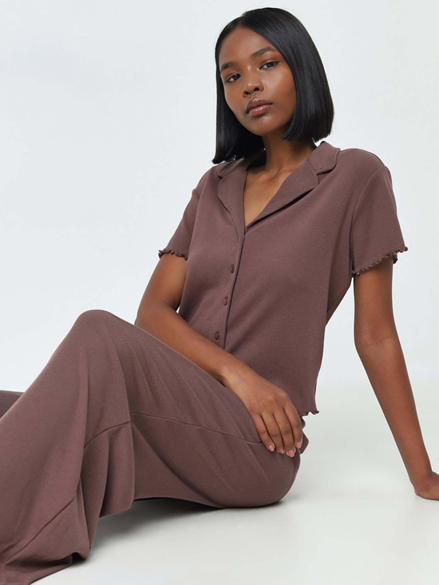 Superstar by Westside Dark Brown Knit-Textured Cotton Blend Shirt