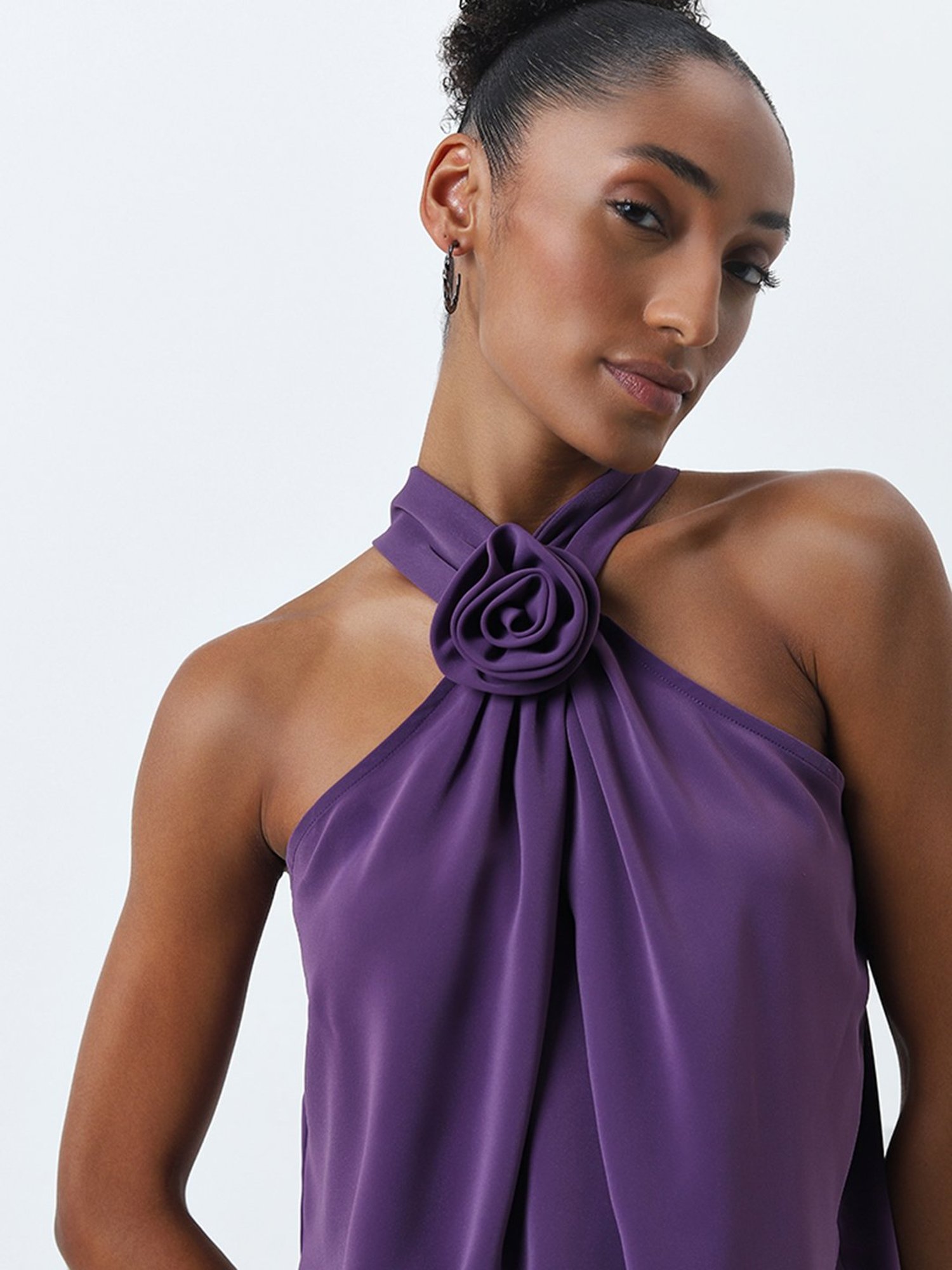 Wardrobe by Westside Purple Rosette Detailed Halter-Neck Top