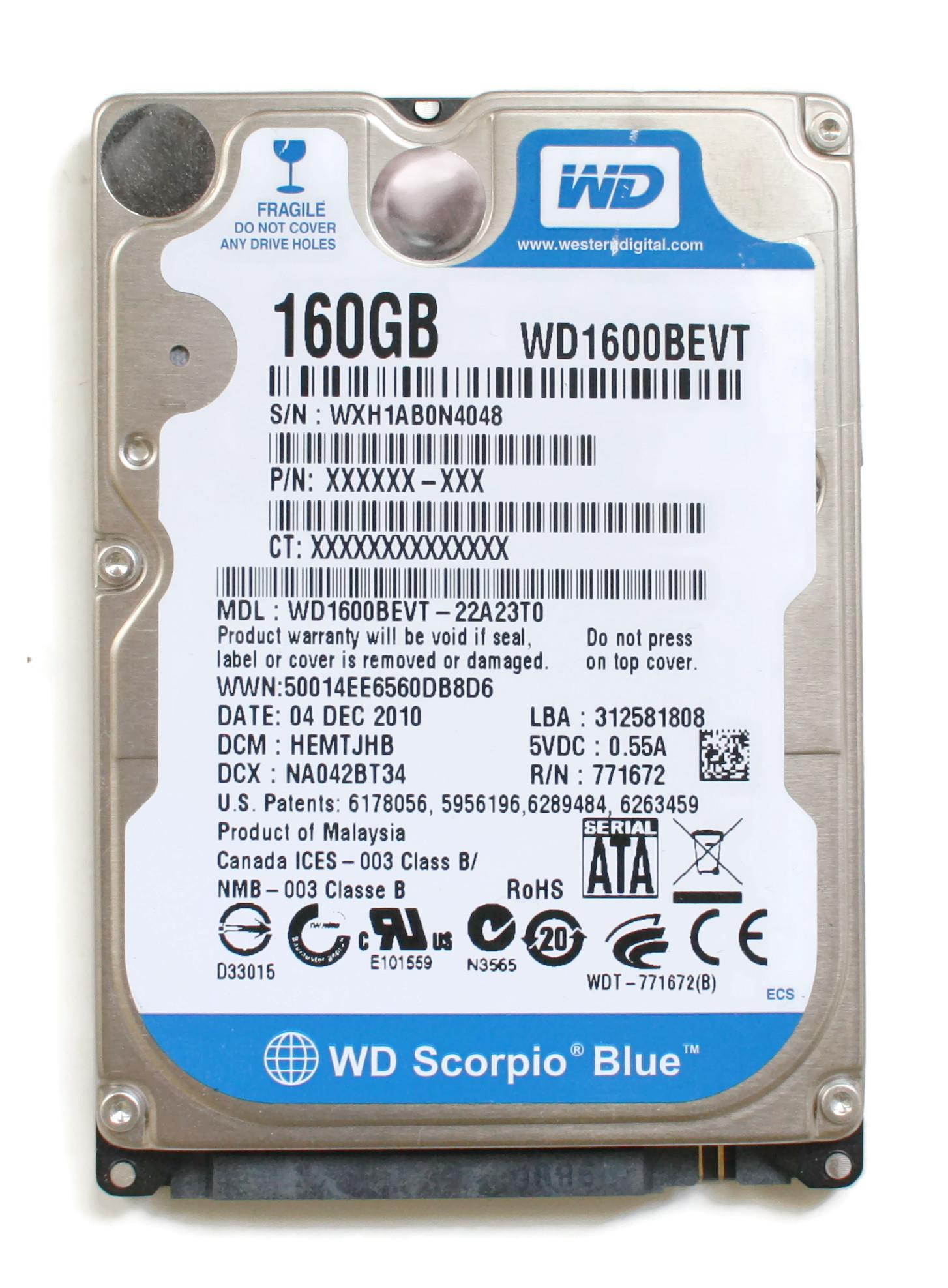 WD SCORPIO BLUE 160GB 2.5\'\' SATA HDD, 04DEC2010, DCM: HEMTJHB