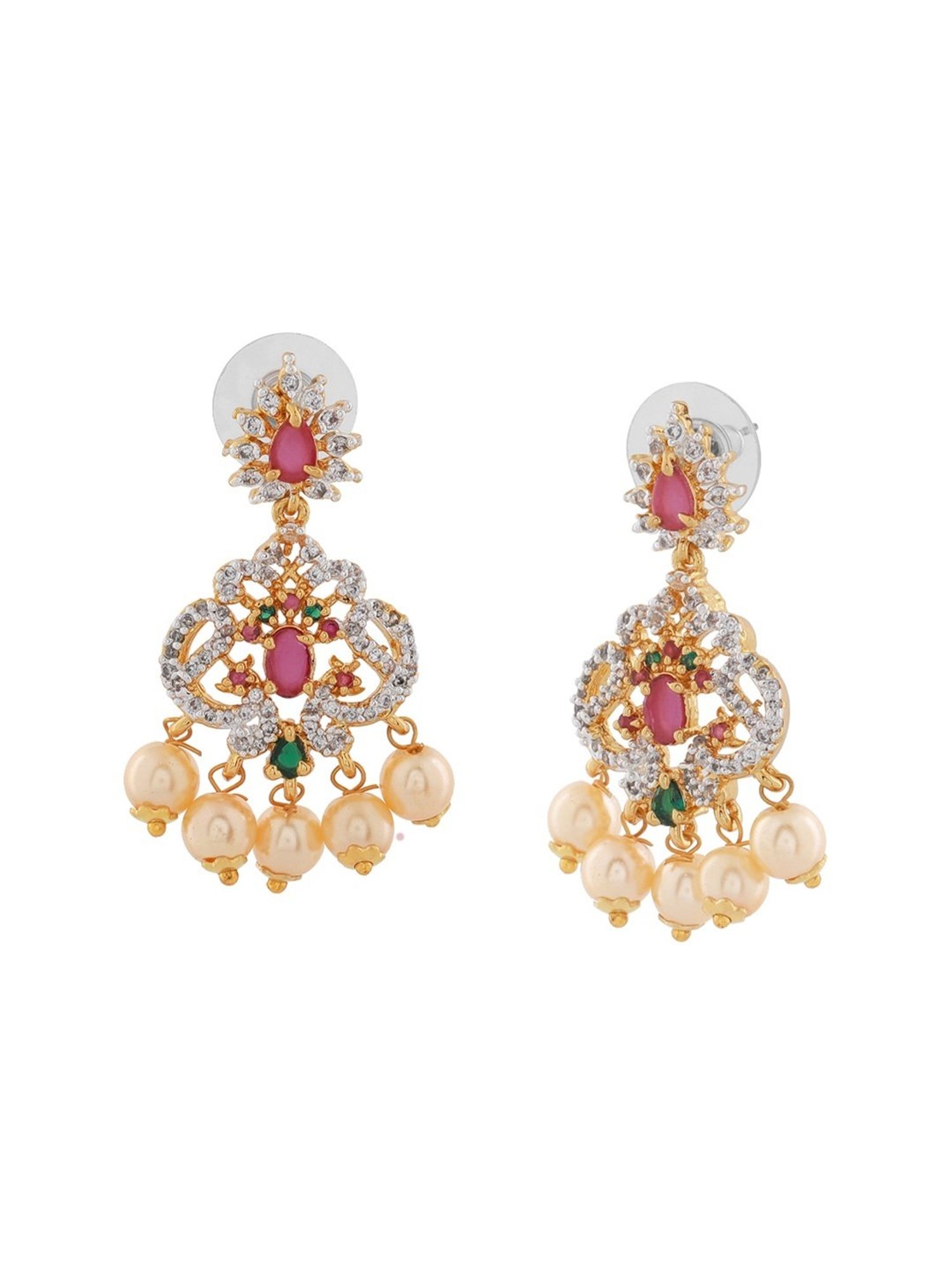 Estele Gold-Plated CZ Dazzling Pearl Dangler Earrings