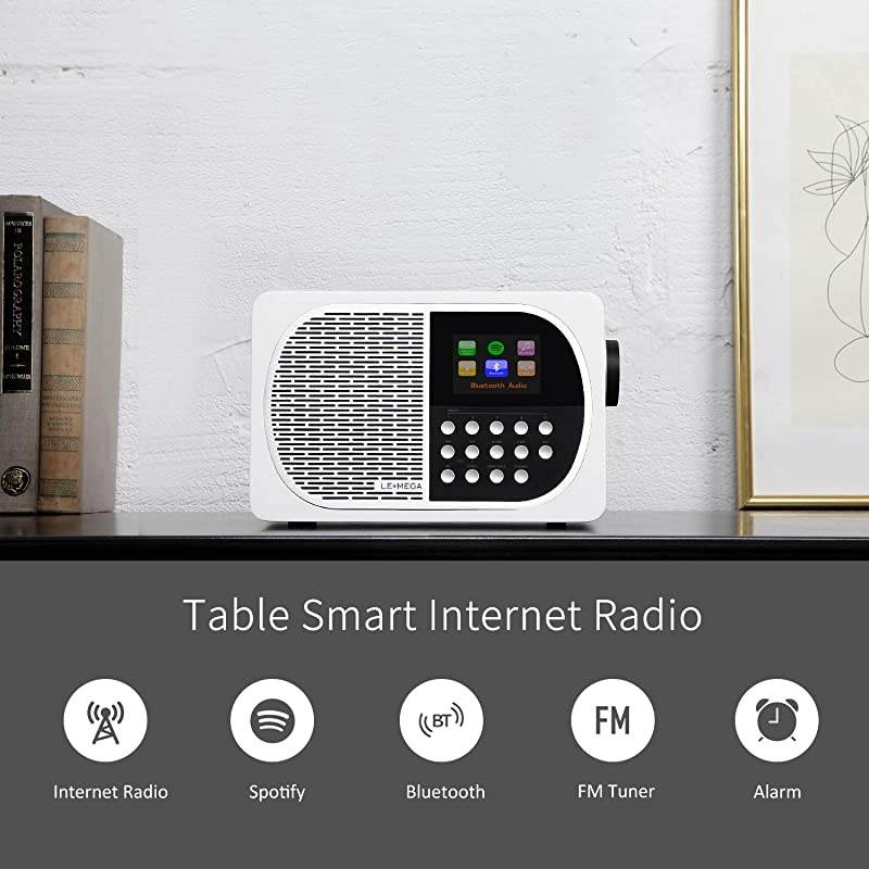 M2+ Smart Internet Radio,Table Radio,FM Radio,Bluetooth,WiFi,Spotify Connect,Wooden Box,Headphones-Out,AUX-in,USB MP3, Alarms& Clock,Kitchen/Sleep/Snooze Timer,20 Stations Presets-White Satin
