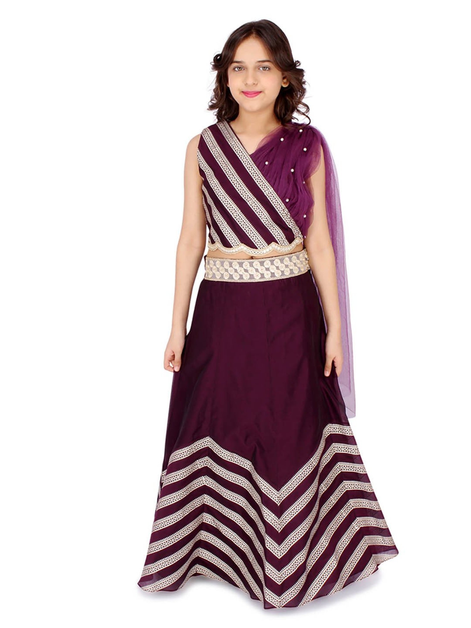 Cutecumber Kids Purple Embellished Crop Top with attached Dupatta with Skirt