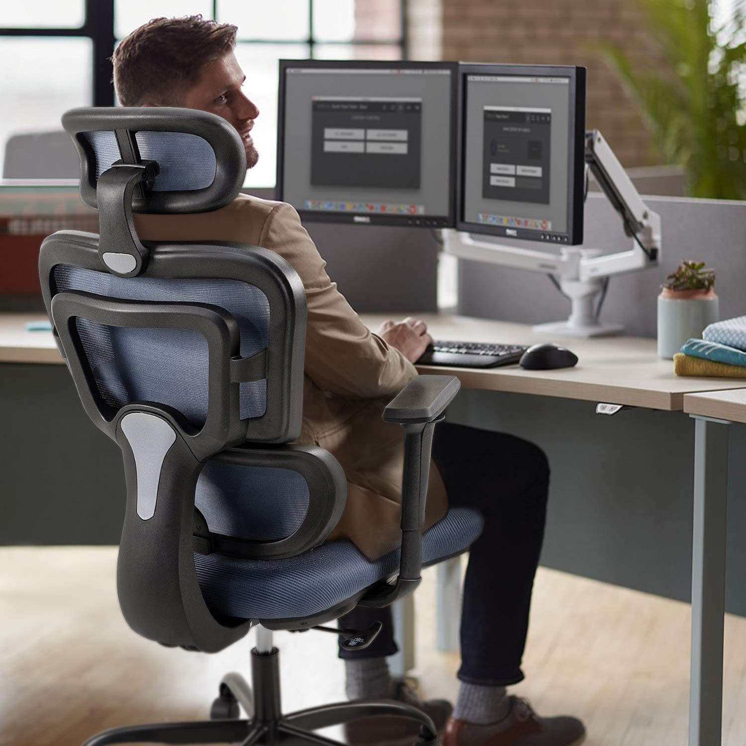 Furmax Ergonomic Office Chair Computer Desk Chair Mesh Fabric High Back Swivel Chair with Adjustable Headrest and Armrests Executive Rolling Chair with Curved Lumbar Support (Gray)