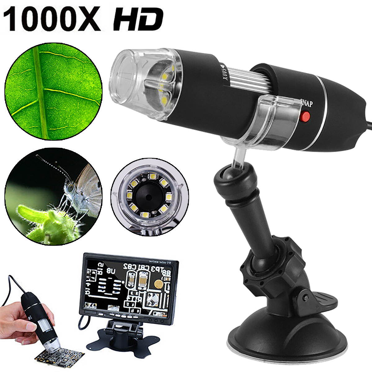USB Microscope Camera 40X to 1000X Zoom 8 LED USB 2.0 Microscope Digital Magnifier Endoscope Mini Camera Video w/ Stand Portable Microscope Camera