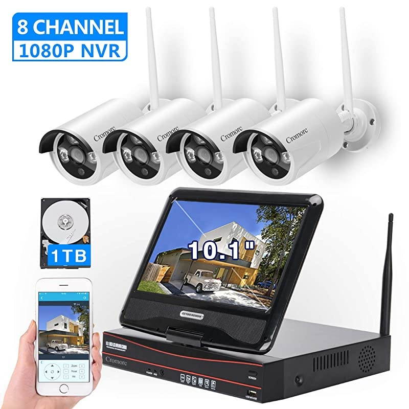 8CH,Expandable] All in one with 10.1" Monitor Wireless Security Camera System,  Home Business CCTV Surveillance 1080P NVR, 4pcs 3MP Indoor Outdoor Night Vision One-Way Audio Camera,1TB HDD