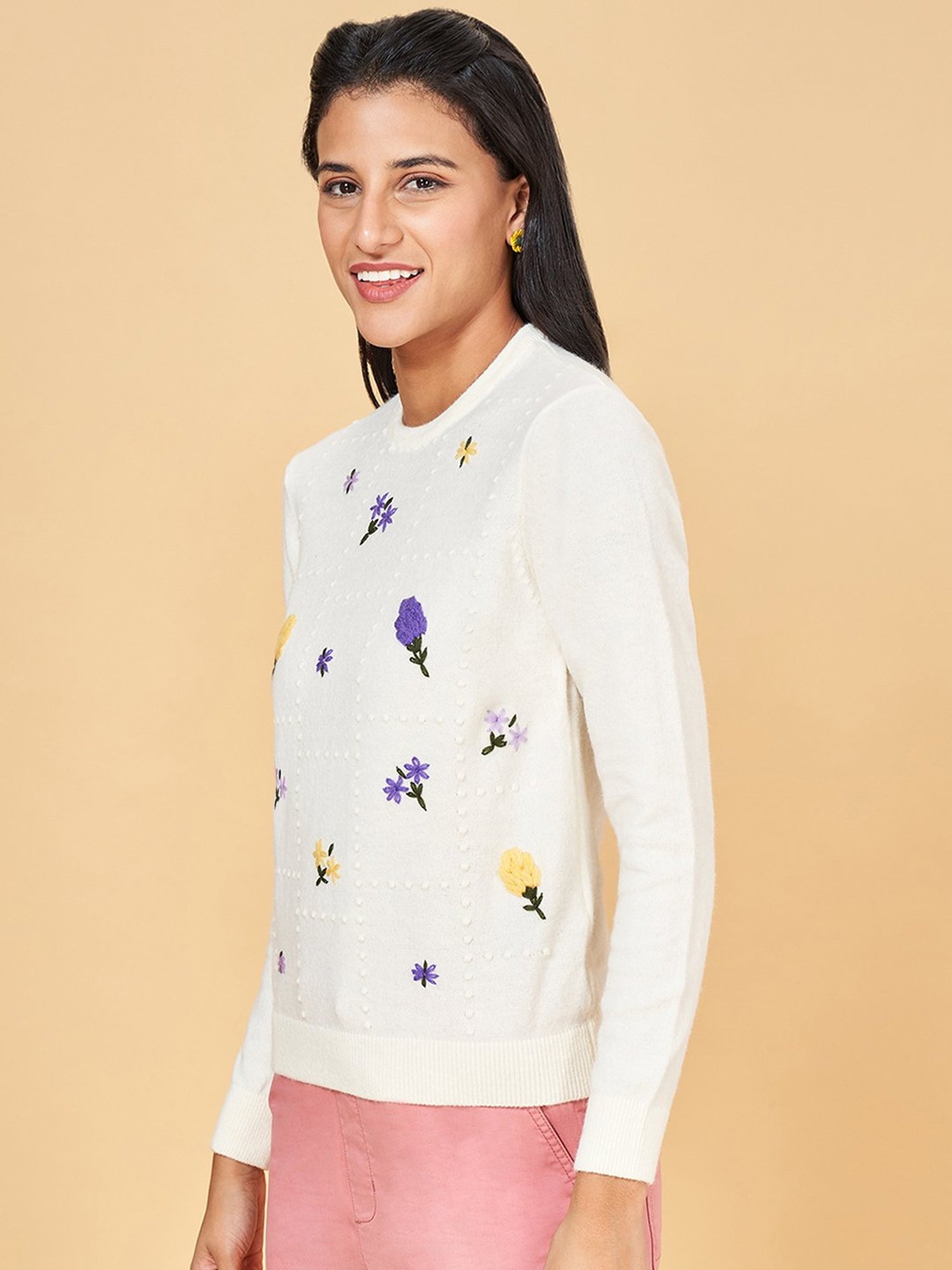 Honey by Pantaloons Off-White Embroidered Sweater
