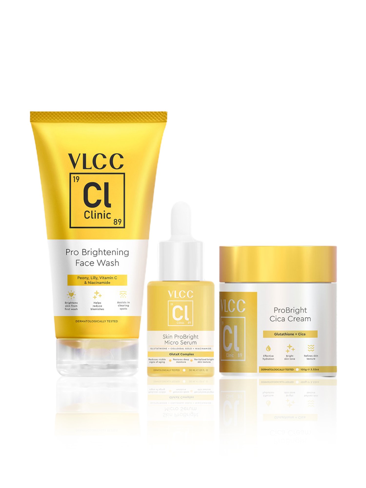 VLCC Clinic Pro Brightening Face Wash, Skin ProBright Micro Serum & ProBright Cica Cream Combo