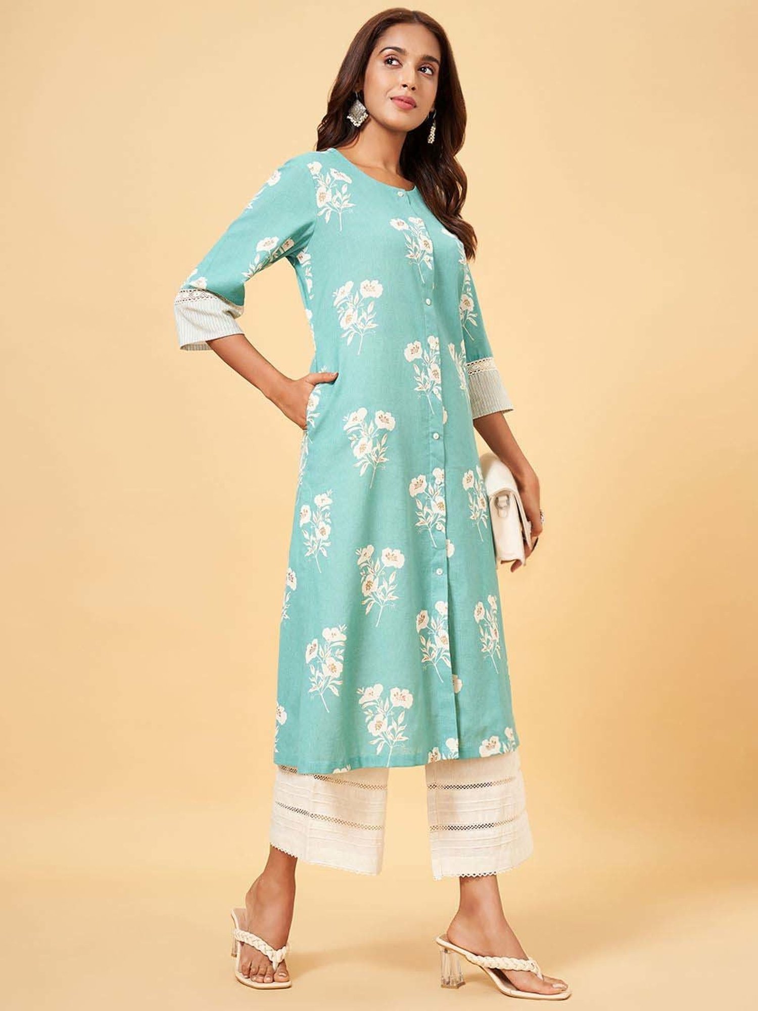 Rangmanch by Pantaloons Off-White Cotton Self Pattern Palazzos