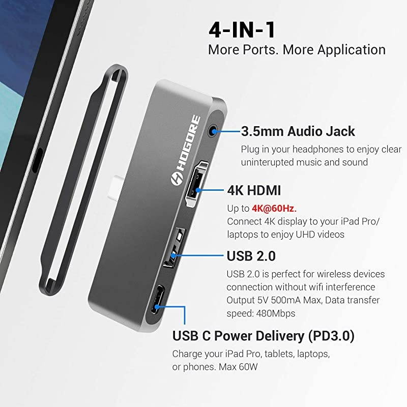 C Hub Adapter for 2018 2020 iPad Pro 129 11 109 iPad Air 4 4in1 Mini Type C Hub with C to HDMI 4K60Hz PD Charging 20 35mm Headphone Jack Compatible with MacBook Pro Air