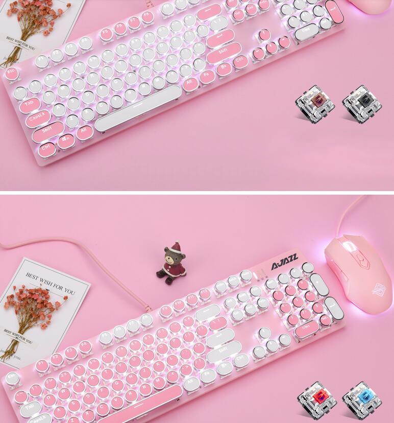 A-jazz Ergonomic Design,Cool Exterior USB Wired N-key Rollover Blue Switch Mechanical Gaming Keyboard And 2400DPI Mouse Combo For Office And Game - WhitePinkVersion