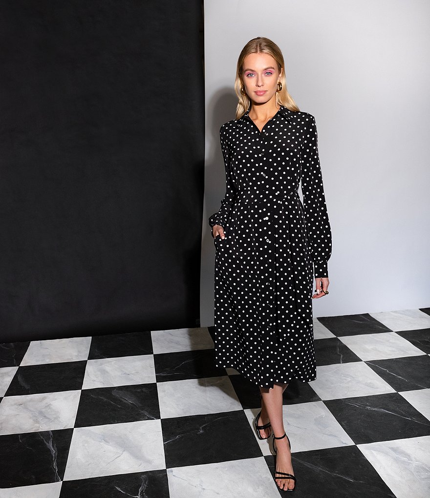 LDT Adrienne Dotted Long Sleeve Belted Midi Dress