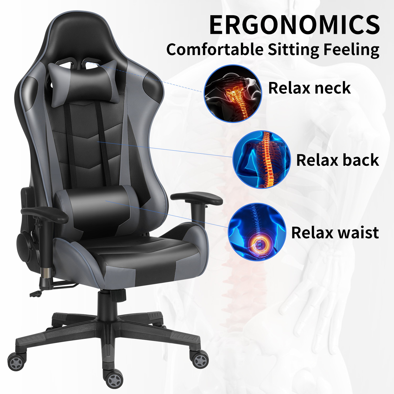 Gaming Chair Racing Office Chair Ergonomic Massage Chair PU Leather Recliner Computer Game Chair with Headrest and Lumbar Pillow Rolling Swivel Task (Black/Grey)