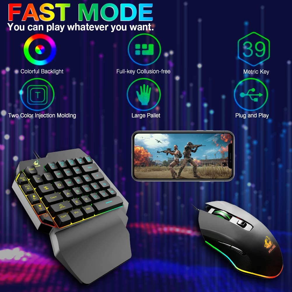 One Hand Gaming Keyboard and Mouse Combo, 39 Keys PUBG Keycap Version Wired Mechanical Feel Rainbow Backlit Half Keyboard, Support Wrist rest, USB Wired Gaming Mouse for Gaming