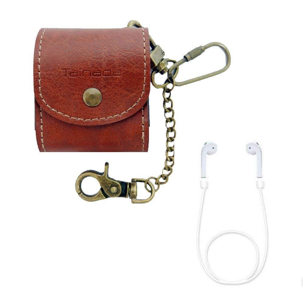 AirPods Case - Tainada PU Leather Portable Protective Cover Carrying Case with Carabiner and Chain Hook for Apple AirPods Earphones Charging Case + Bonus AirPods Strap (Brown)