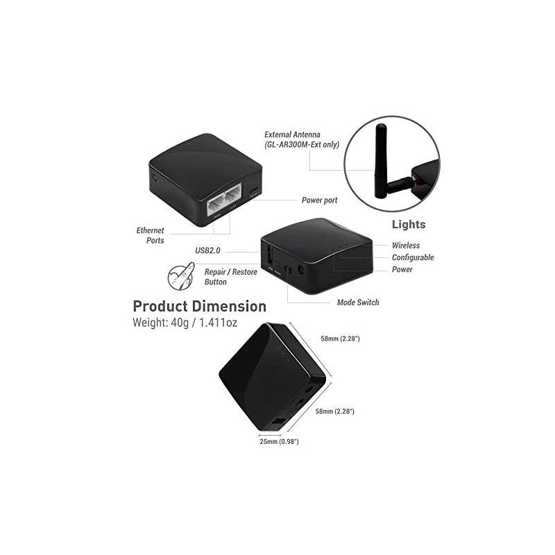 GL-AR300M (Shadow) Mini VPN Travel Router with 2dbi External Antenna, Wi-Fi Converter, Mobile Hotspot in Pocket, OpenWrt, Repeater Bridge, 300Mbps, 128MB Nand Flash, 128MB RAM, OpenVPN