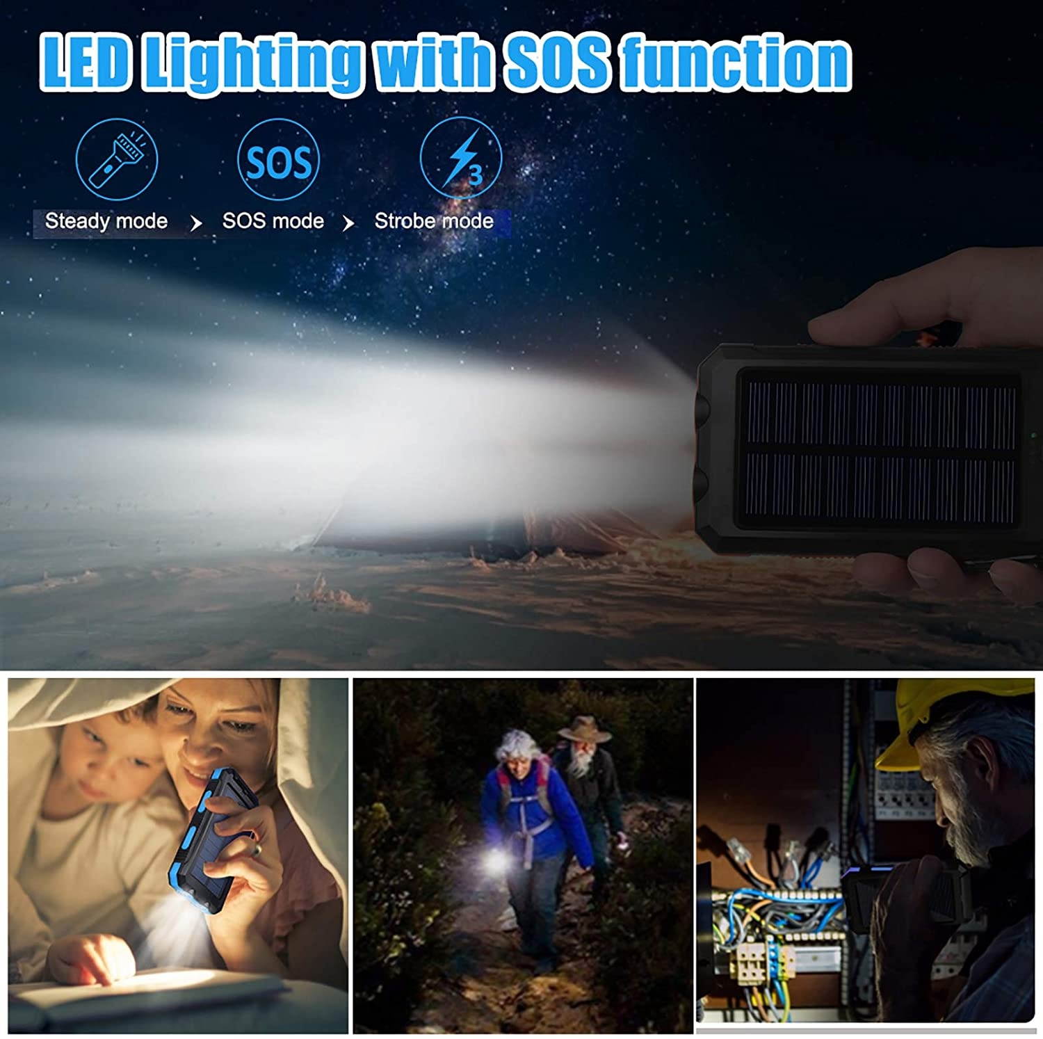 Solar Charger 20000mAh Portable Outdoor Waterproof Solar Power Bank Camping External Backup Battery Pack Dual 5V USB Ports Output 2 Led Light Flashlight with Compass (Blue)