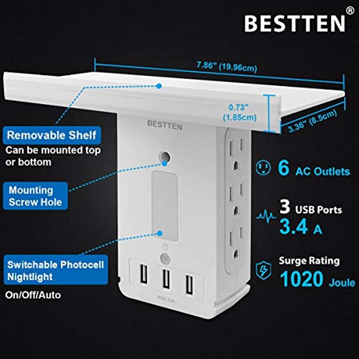 BESTTEN Surge Protector USB Wall Outlet with Shelf, 3 USB Charging Ports (5V/3.4A), 6 Side Outlet, LED Night Light, 1020 Joule Surge Rating and Removable Top Shelf, FCC and SGS Certified