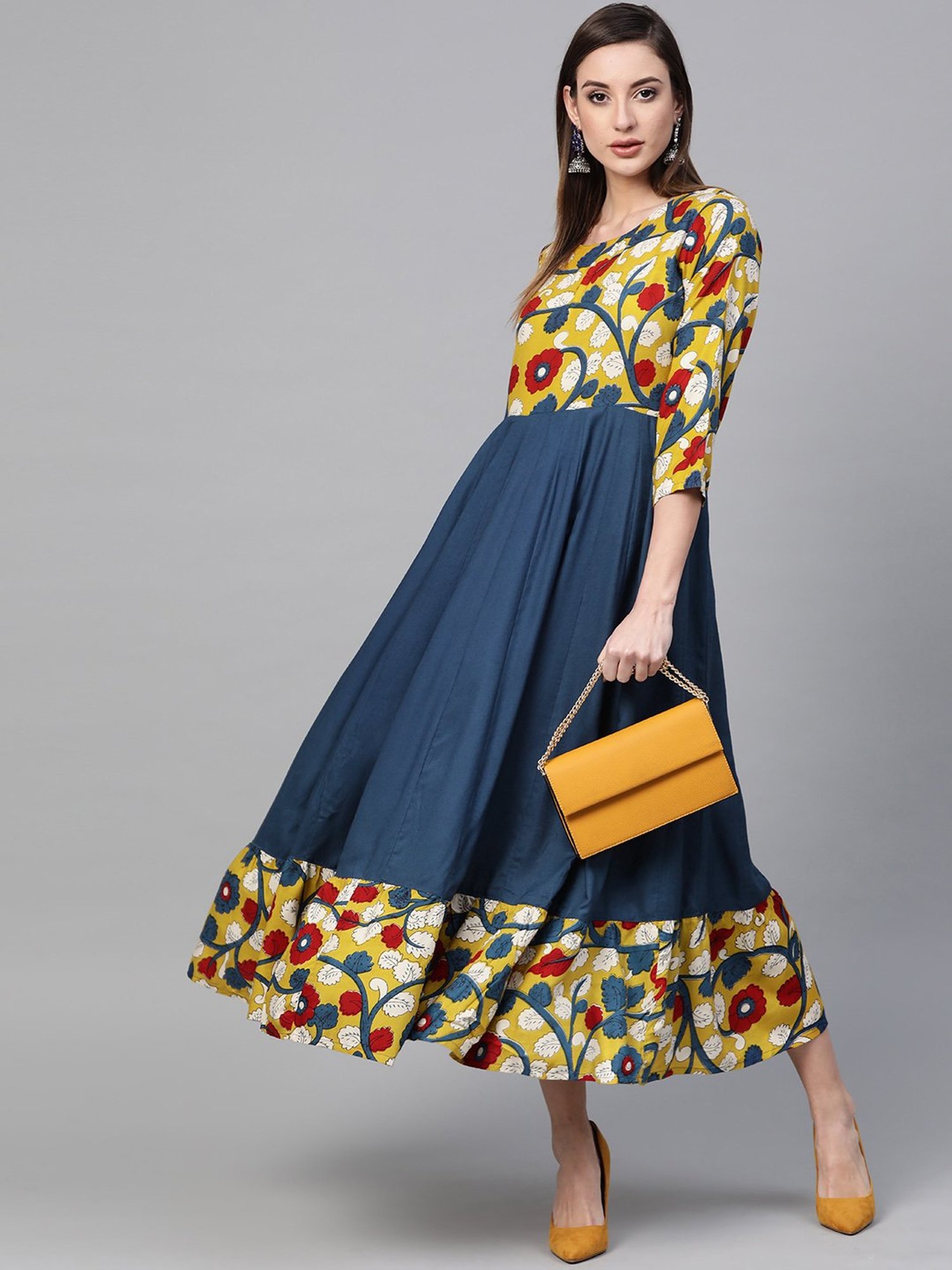 Geroo Jaipur Yellow & Navy Blue Kalamkari Hand Block Printed Rayon Dress