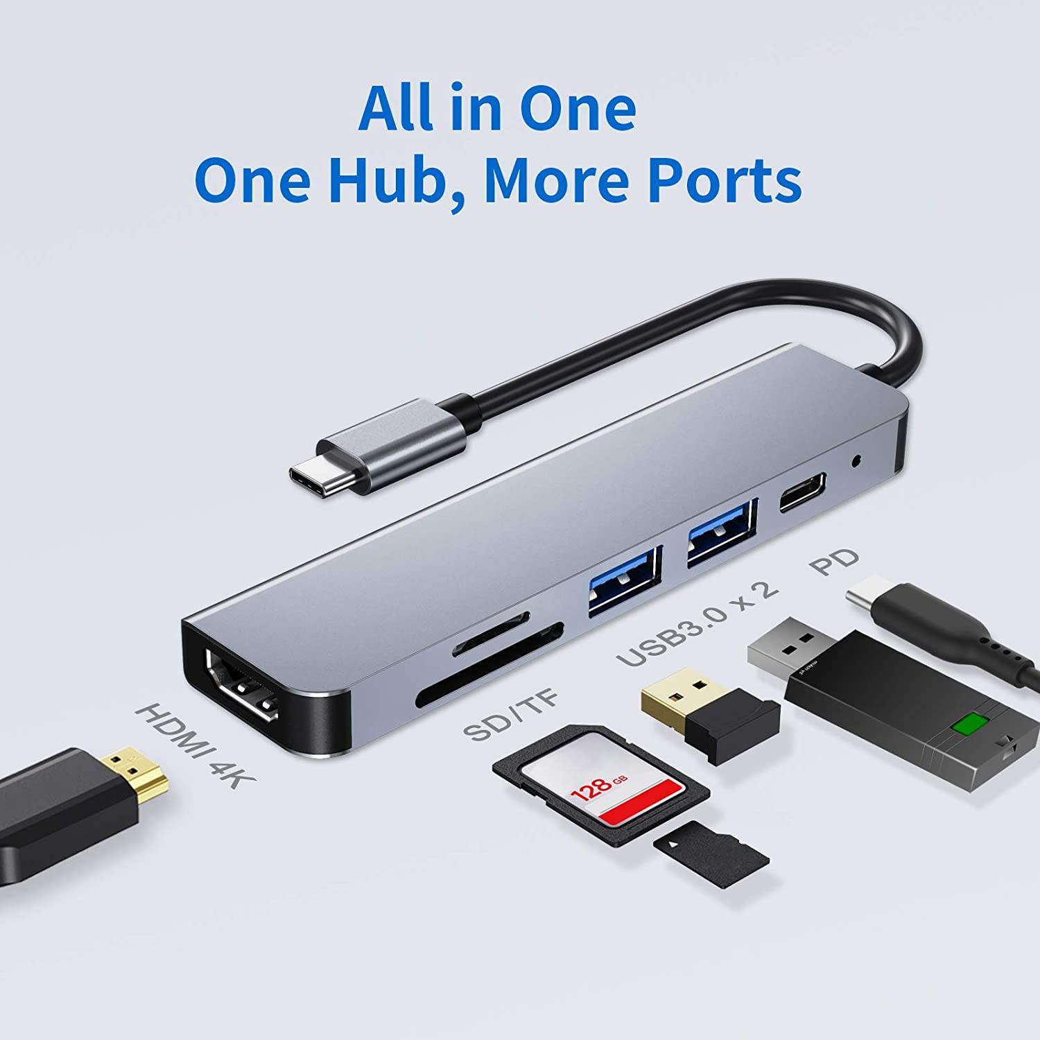USB C Hub, 6 in 1 Type C Aluminum Hub Adapter MacBook Pro Accessories with 2 x USB 3.0 Ports, TF/SD Card Reader, USB C Port with 40Gb/S Speed, 4K HDMI Support for MacBook Pro 13? and 15?2016-2018
