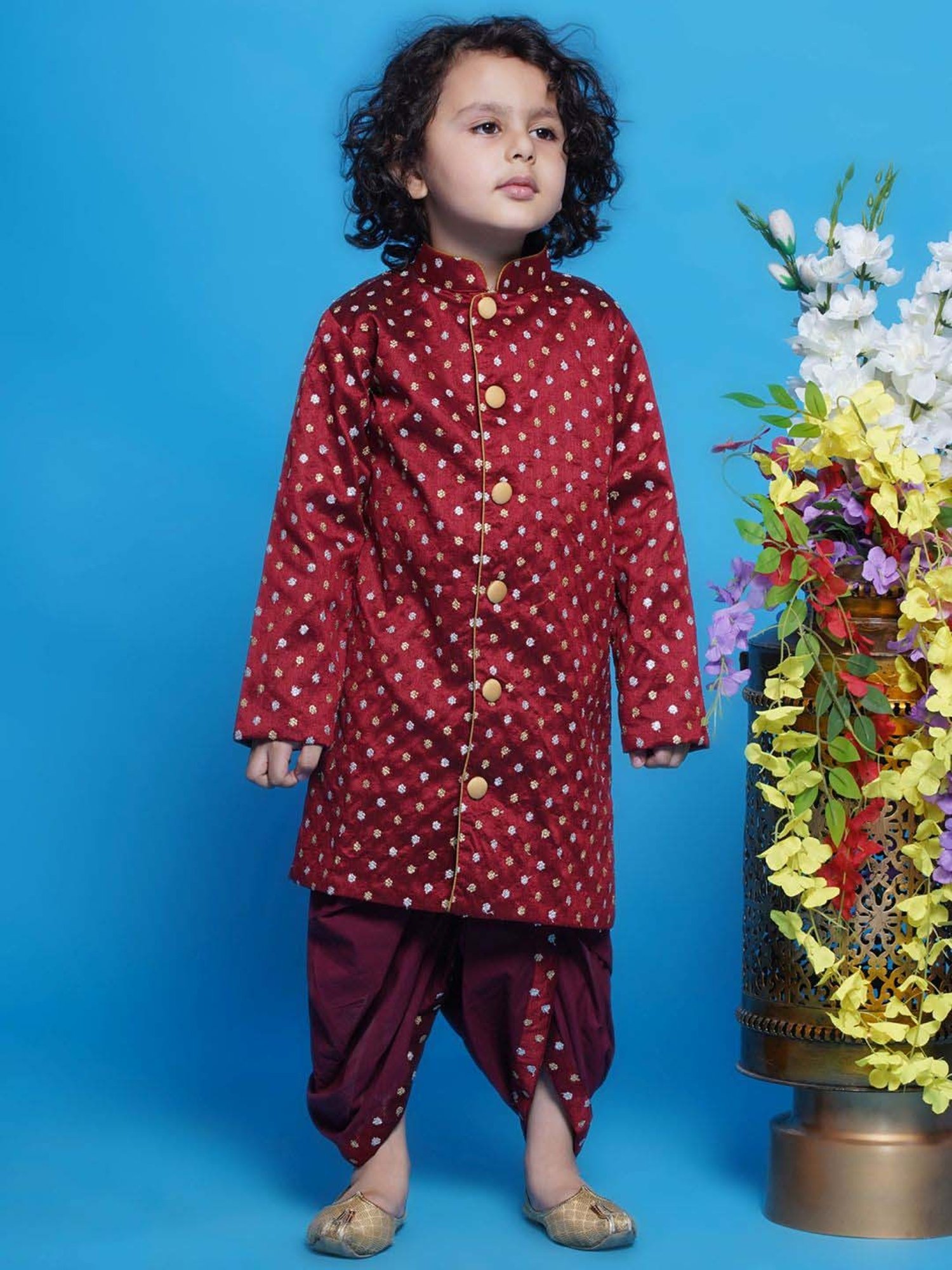 Little Bansi Boys Maroon Embroidery Full Sleeves Kurta Set
