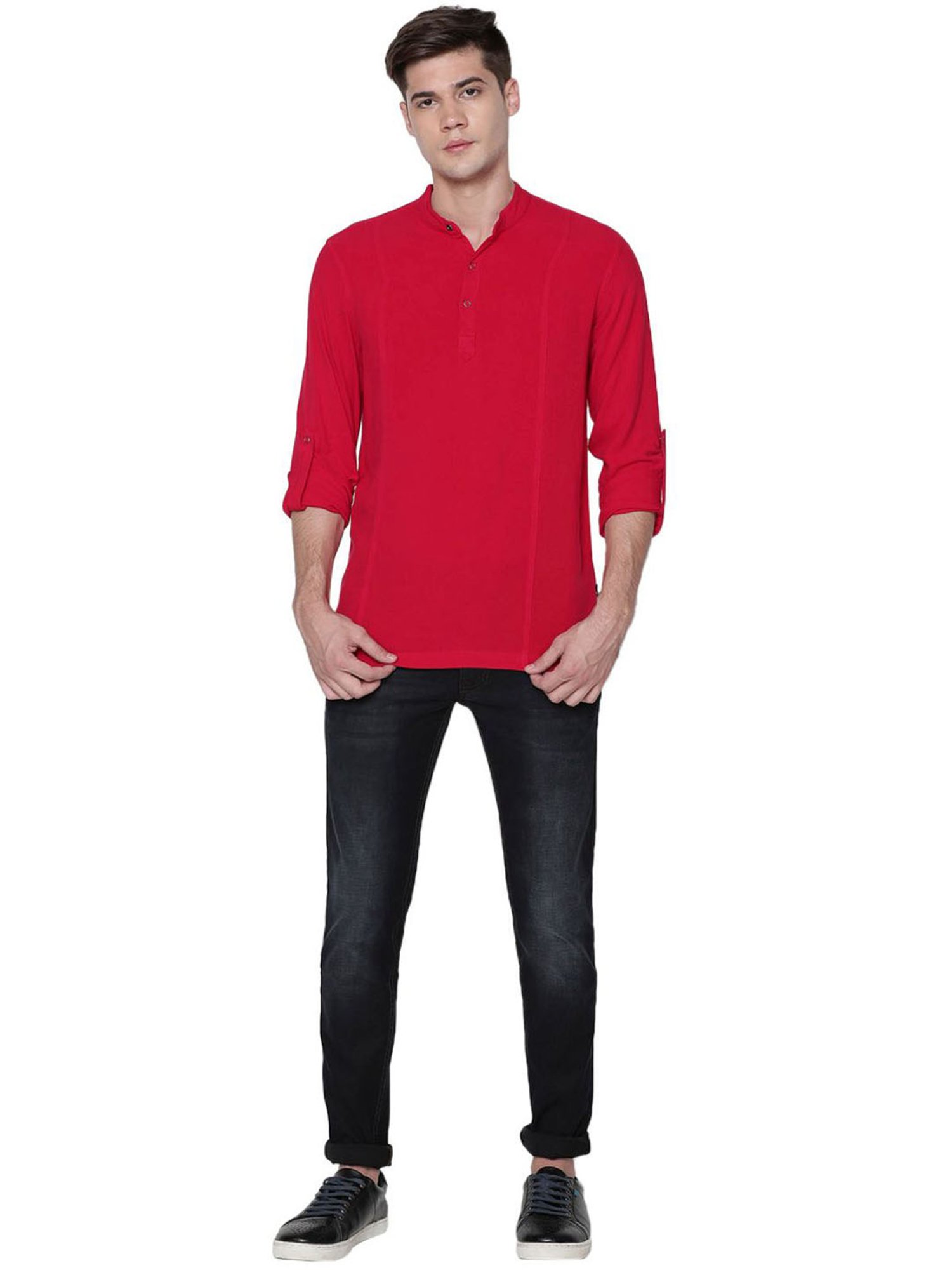 Identiti Red Tapered Fit Short Kurta