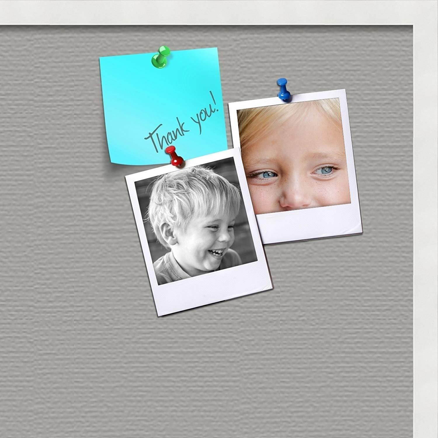 PinPix custom printed pin cork bulletin board made from canvas, Dark Stone 30x20 Inches (Completed Size) and framed in Satin White Frame (PinPix-Group-89)