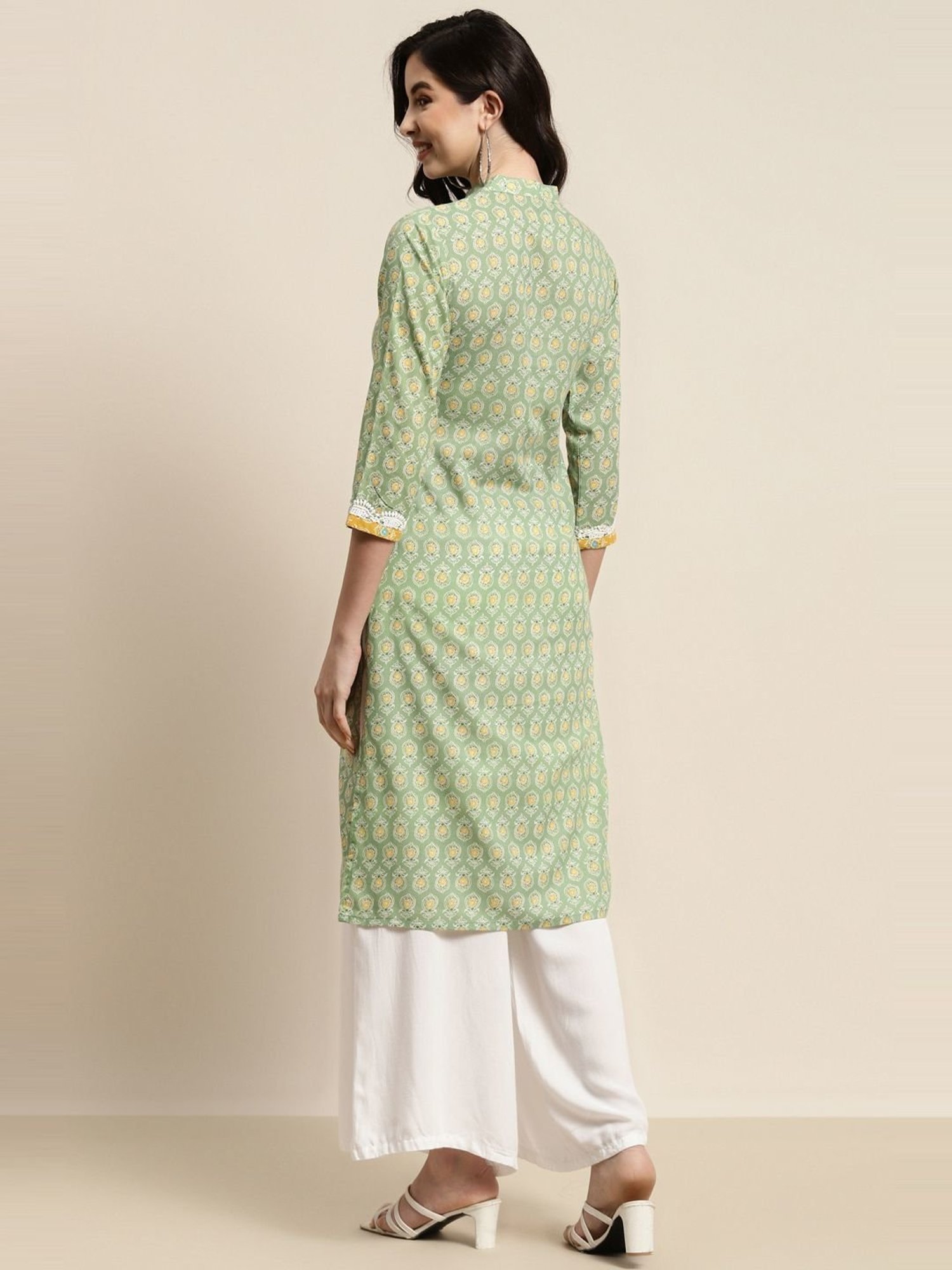 Jompers Green Cotton Floral Print Straight Kurta