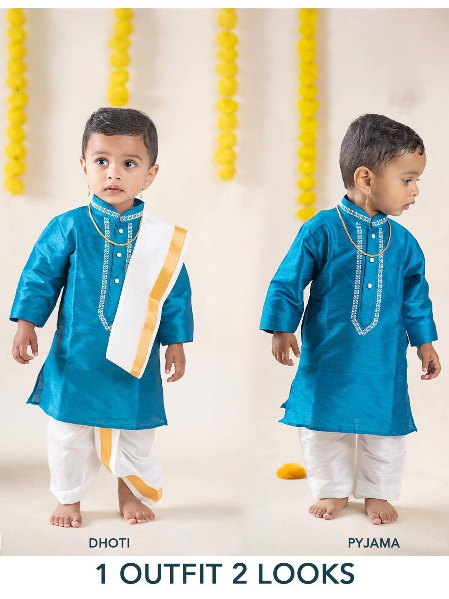 Baby Moo Kids Turquoise Blue & White Regular Fit Full Sleeves Kurta Set