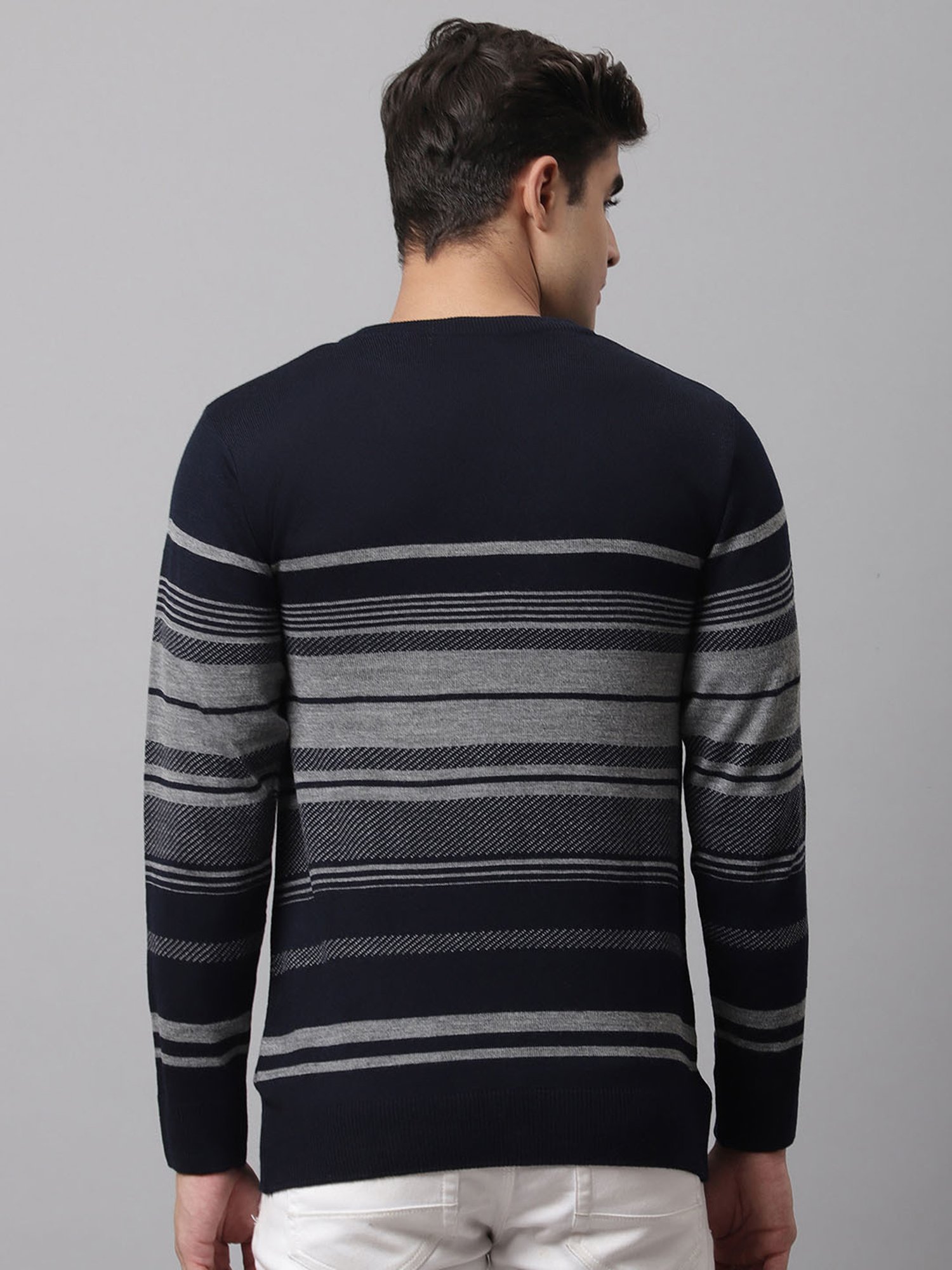 Cantabil Dark Navy Regular Fit Striped Sweater