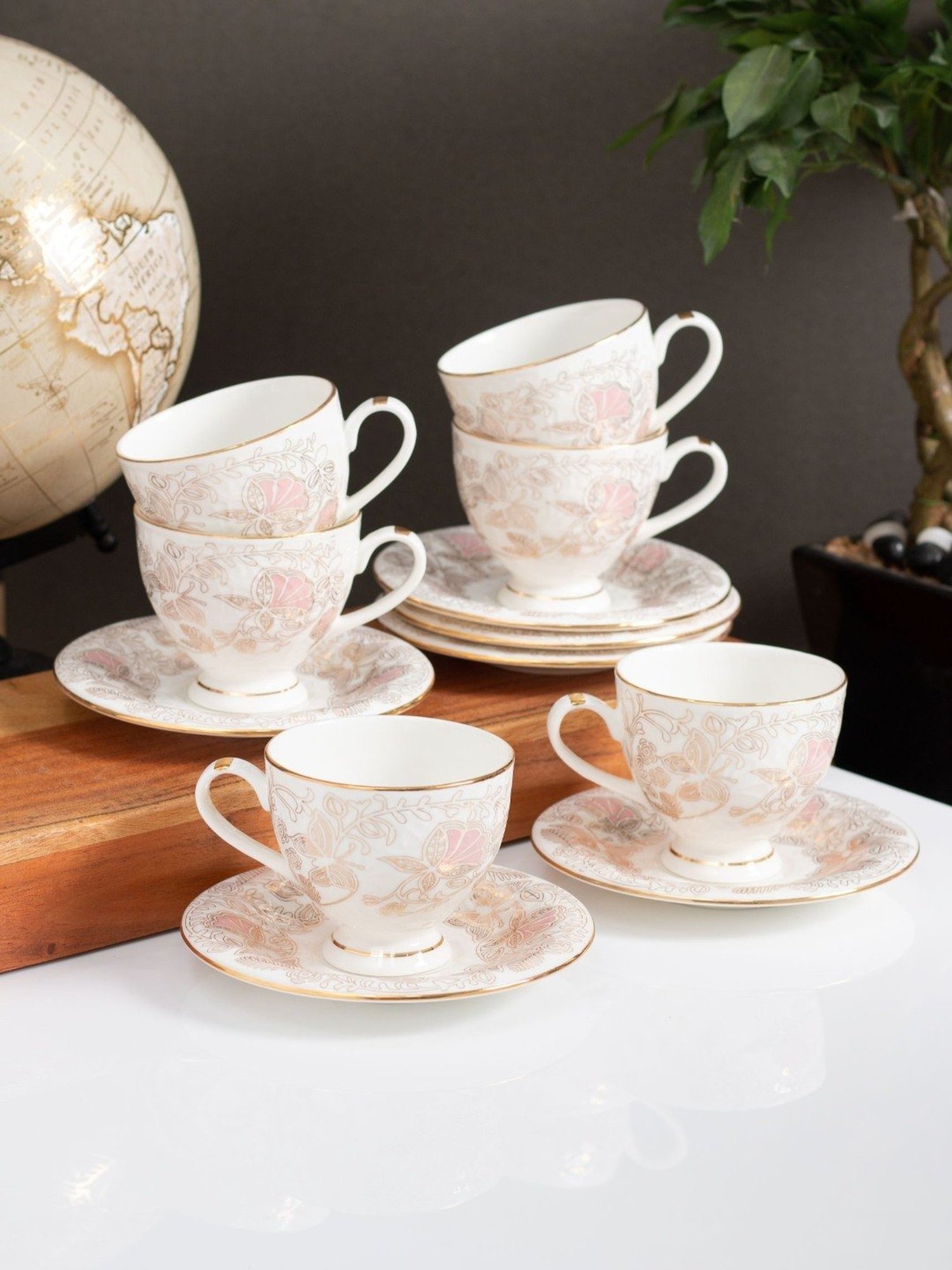 Clay Craft Fine Printed Gold Ceramic Cup & Saucer 180 ml - Set of 12