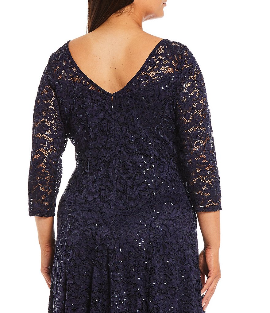Marina Plus Size Sequin Lace Round Neck 3/4 Sleeve Fit -and-Flare Dress